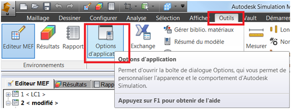 modifier les options dans Simulation Mechanical