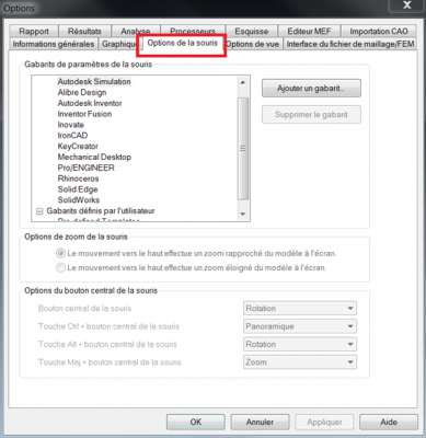 Autodesk Simulation Mechanical Options de la souris