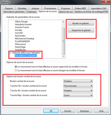 Autodesk Simulation Mechanical Options de la souris