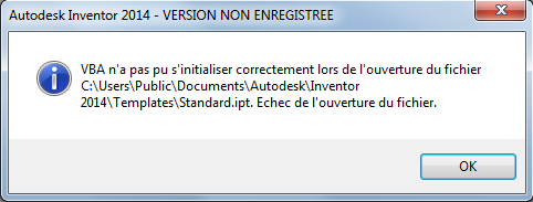 VBA n’a pas pu s’initialiser correctement. Veuillez redémarrer Inventor