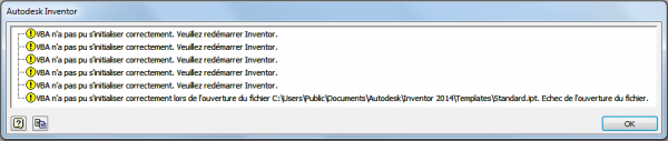 VBA n’a pas pu s’initialiser correctement. Veuillez redémarrer Inventor