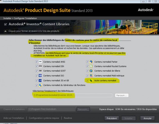Inventor Installation des bibliothèques du centre de contenu