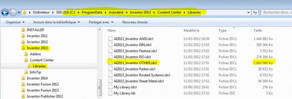 Inventor Installation des bibliothèques du centre de contenu