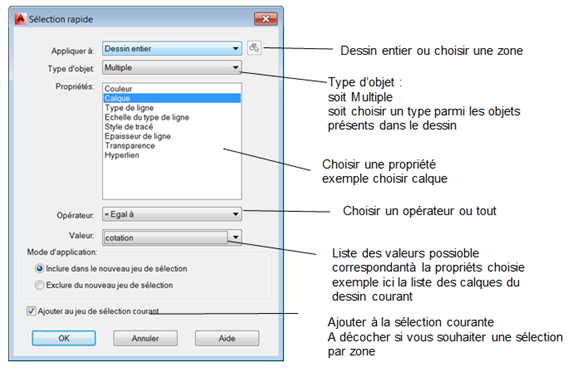 AutoCAD sélection basée sur les propriétés