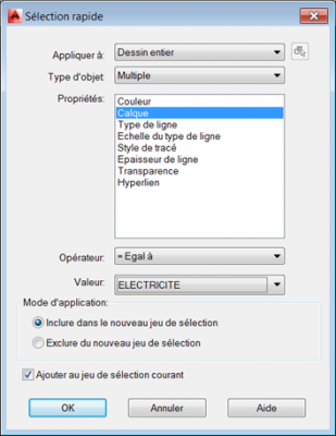 AutoCAD sélection basée sur les propriétés