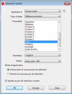 AutoCAD sélection basée sur les propriétés