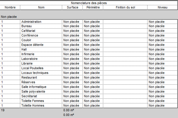 Revit Architecture 2011 Liste de pièces